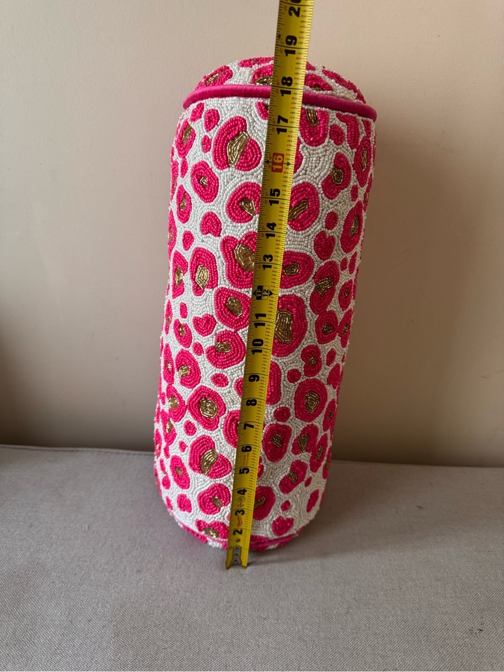 Beaded Cylindrical pillow  Pink White Gold decorative  animal print - Picture 9 of 11